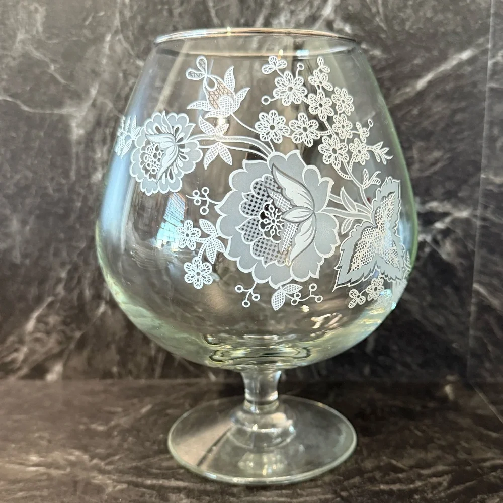 Floral Glass Goblet with Silver Rim